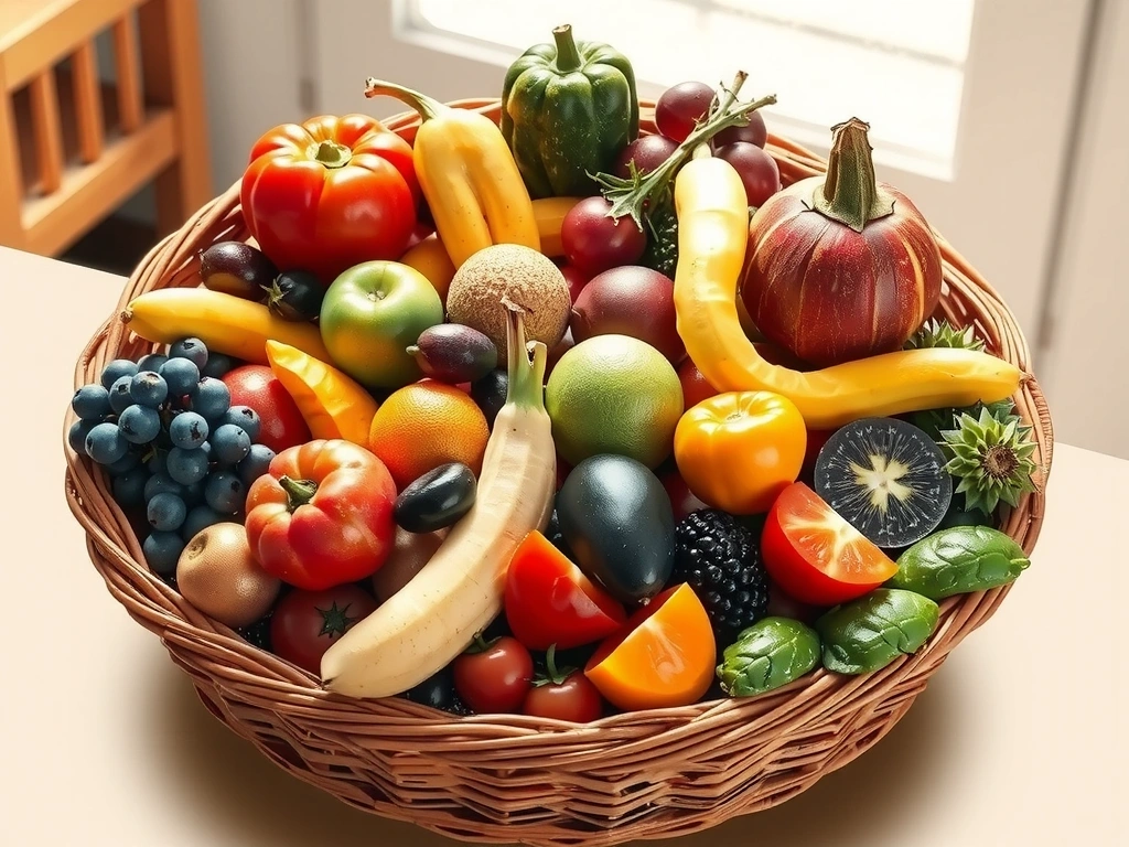 Różnorodne świeże owoce i warzywa ułożone w koszu