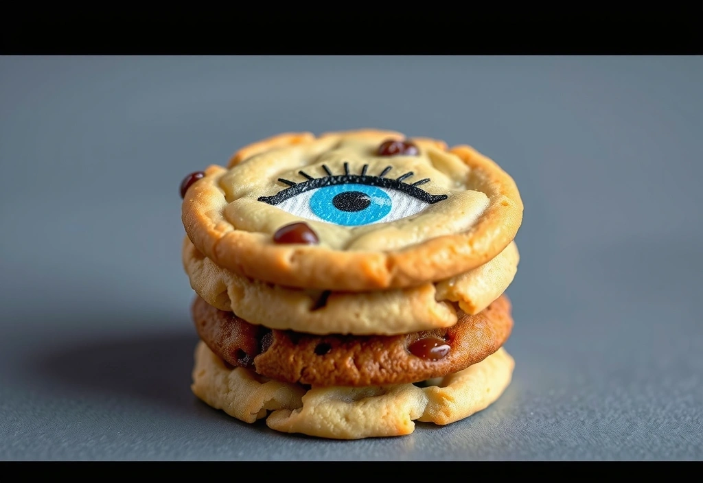 Ilustracja przedstawiająca stos ciasteczek z ikoną oka, symbolizująca pliki cookies i śledzenie