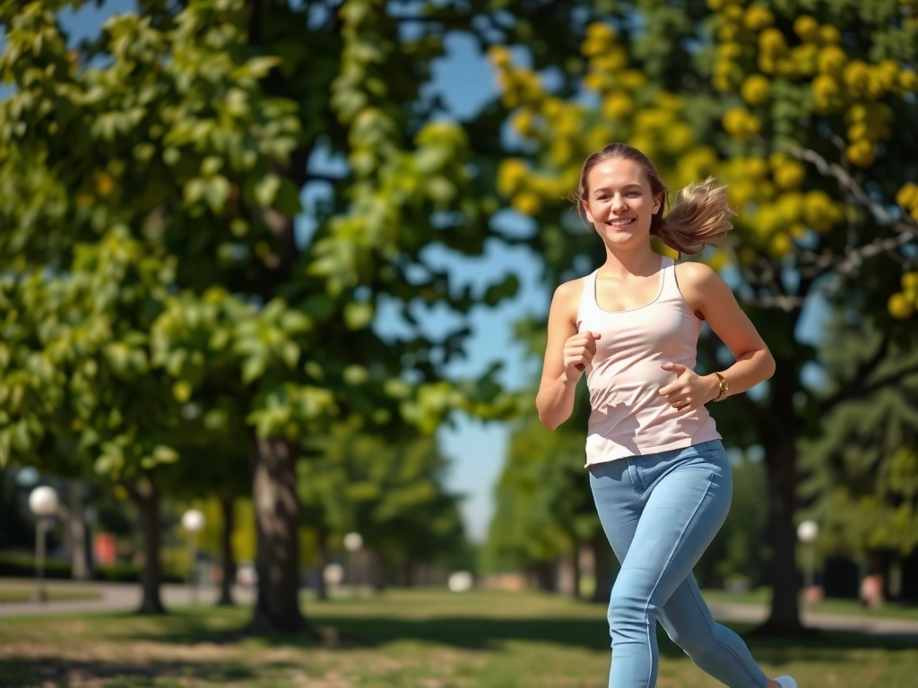 Młoda, uśmiechnięta kobieta biegnąca w słonecznym parku, symbolizująca witalność, energię i silną odporność, w tle zielone drzewa i błękitne niebo.