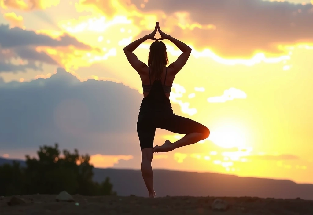 Osoba uprawiająca jogę na świeżym powietrzu o wschodzie słońca, symbolizująca spokój, równowagę i łagodzenie stresu.