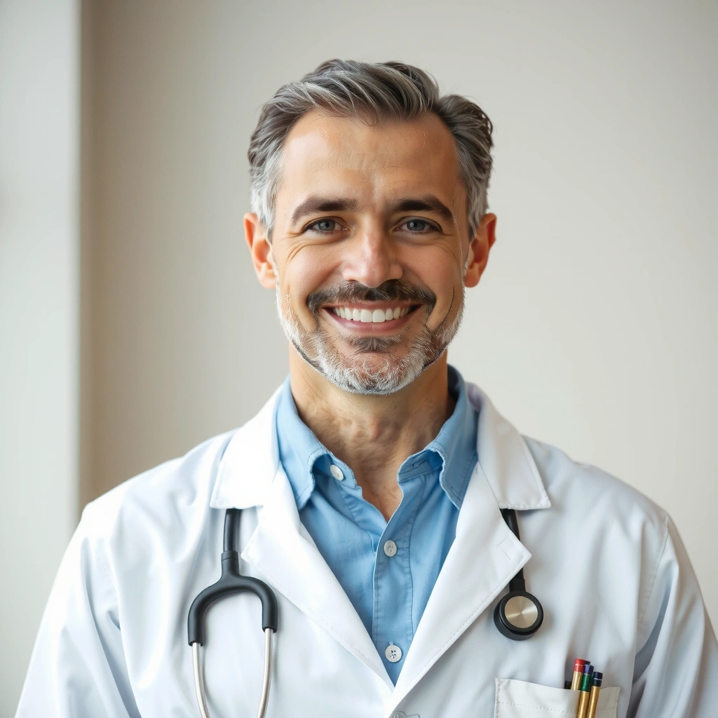 Portret uśmiechniętego lekarza medycyny rodzinnej, symbolizującego doświadczenie i zaufanie.
