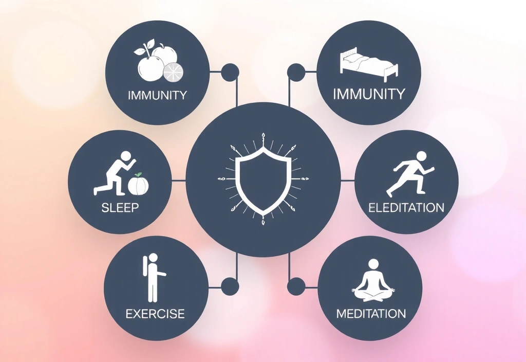 Schemat graficzny przedstawiający interaktywny przewodnik z ikonami zdrowego stylu życia, takimi jak tarcza odporności, jedzenie, sen, ćwiczenia, medytacja, na tle pastelowych kolorów.