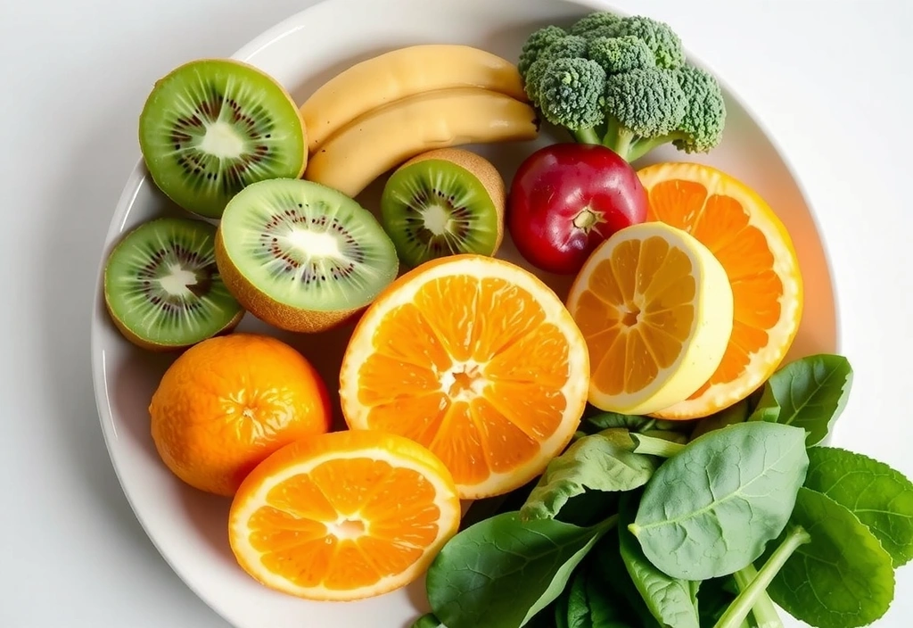 Talerz pełen świeżych owoców i warzyw, takich jak pomarańcze, kiwi, brokuły, szpinak, symbolizujący zdrową dietę wzmacniającą odporność.